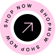 A circular badge/button design with "SHOP NOW" text arranged around the perimeter and an arrow icon in the center against a soft pink background.