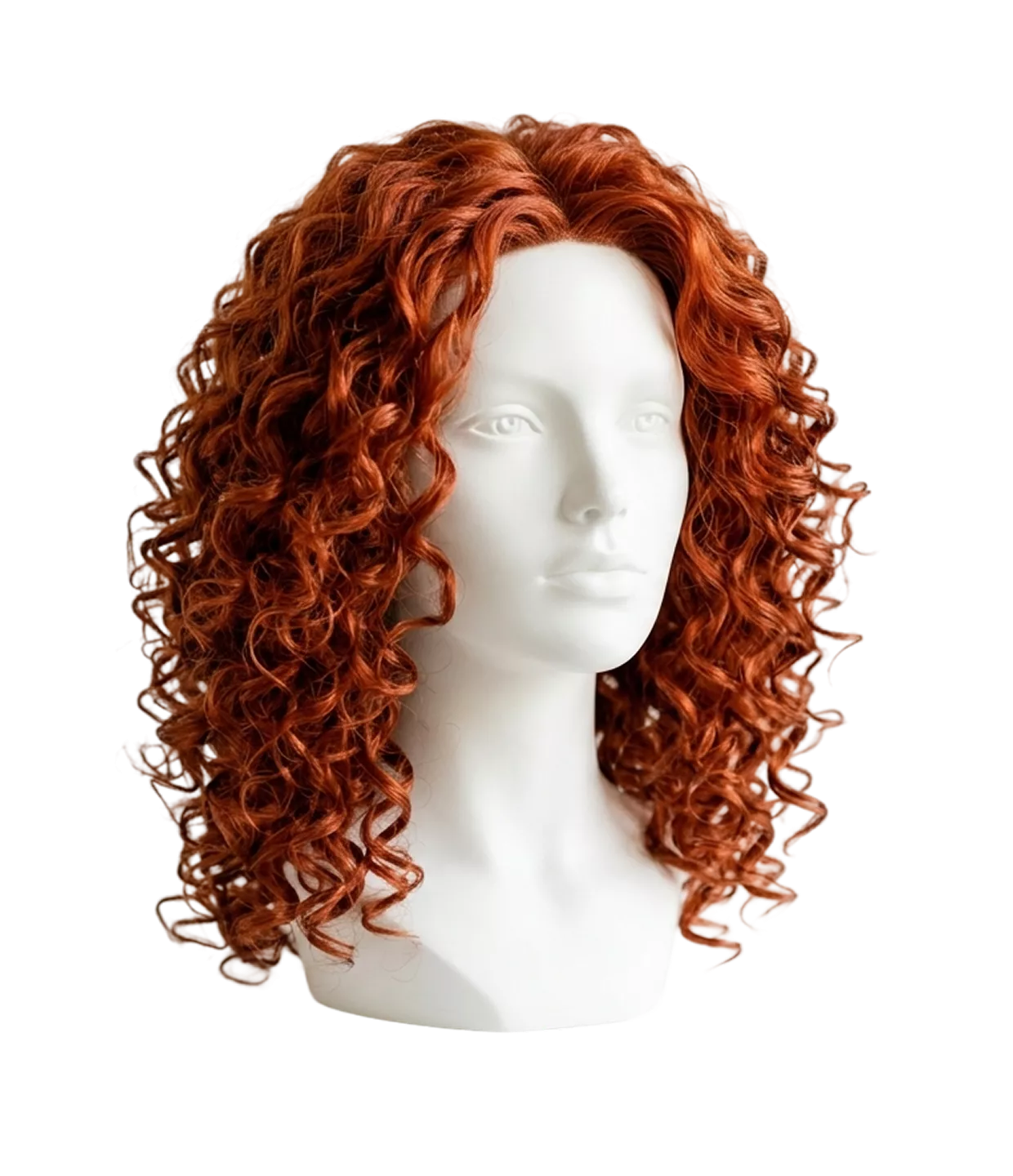 Red-orange curly textured wig styled on white foam mannequin head showing volume and curl pattern