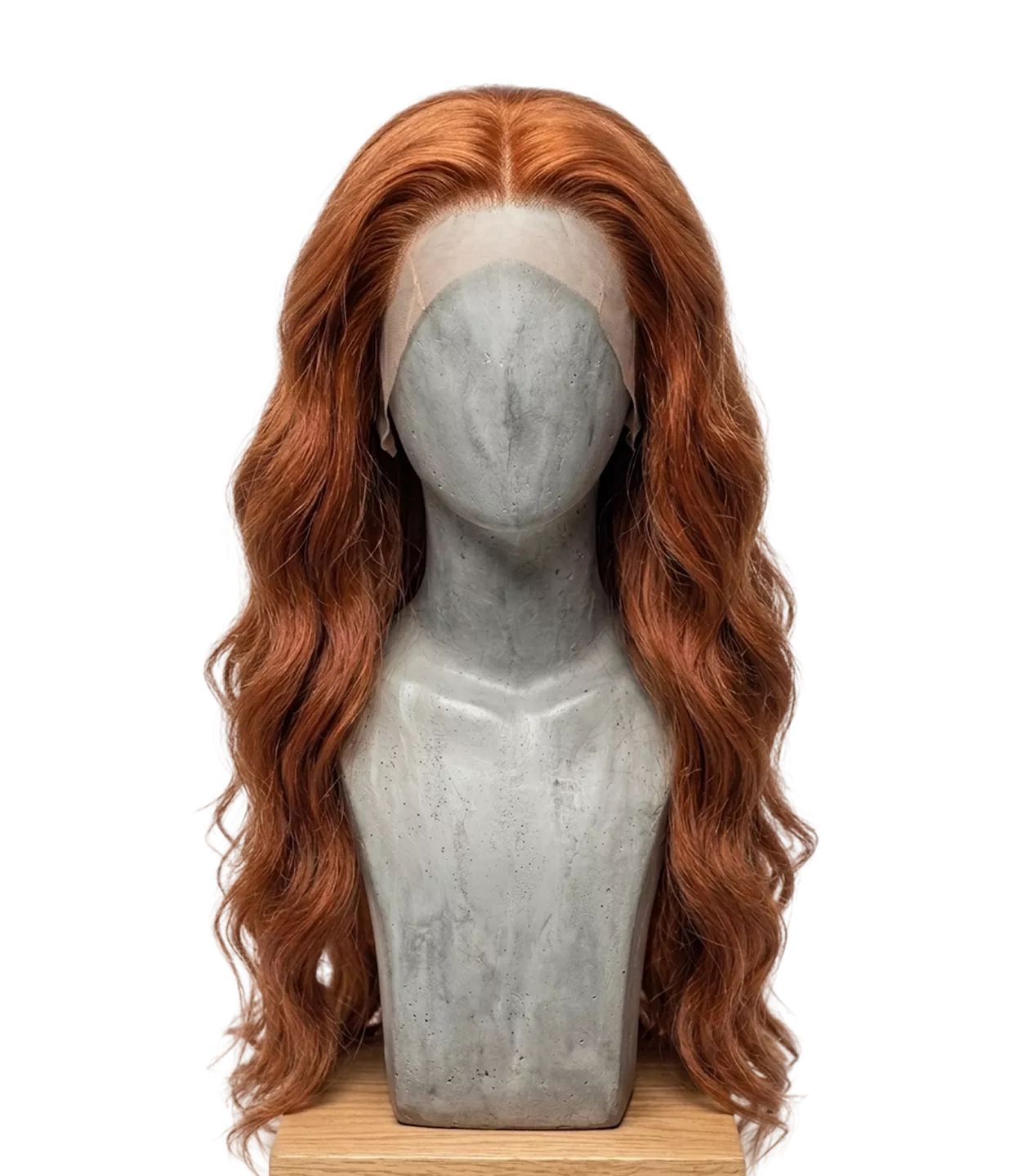 Copper-toned wavy curly wig on concrete mannequin bust with wood base displaying wig length and texture