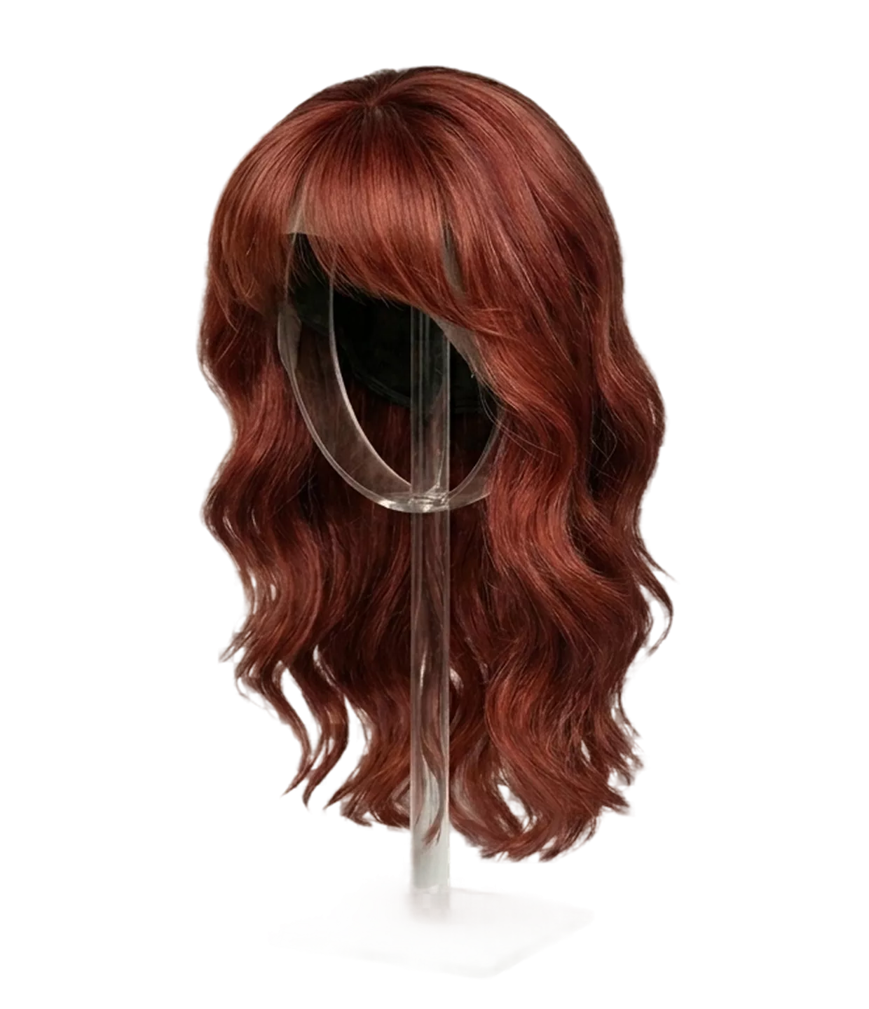 Long brown wavy lace-front wig displayed on clear acrylic stand showing full length and style