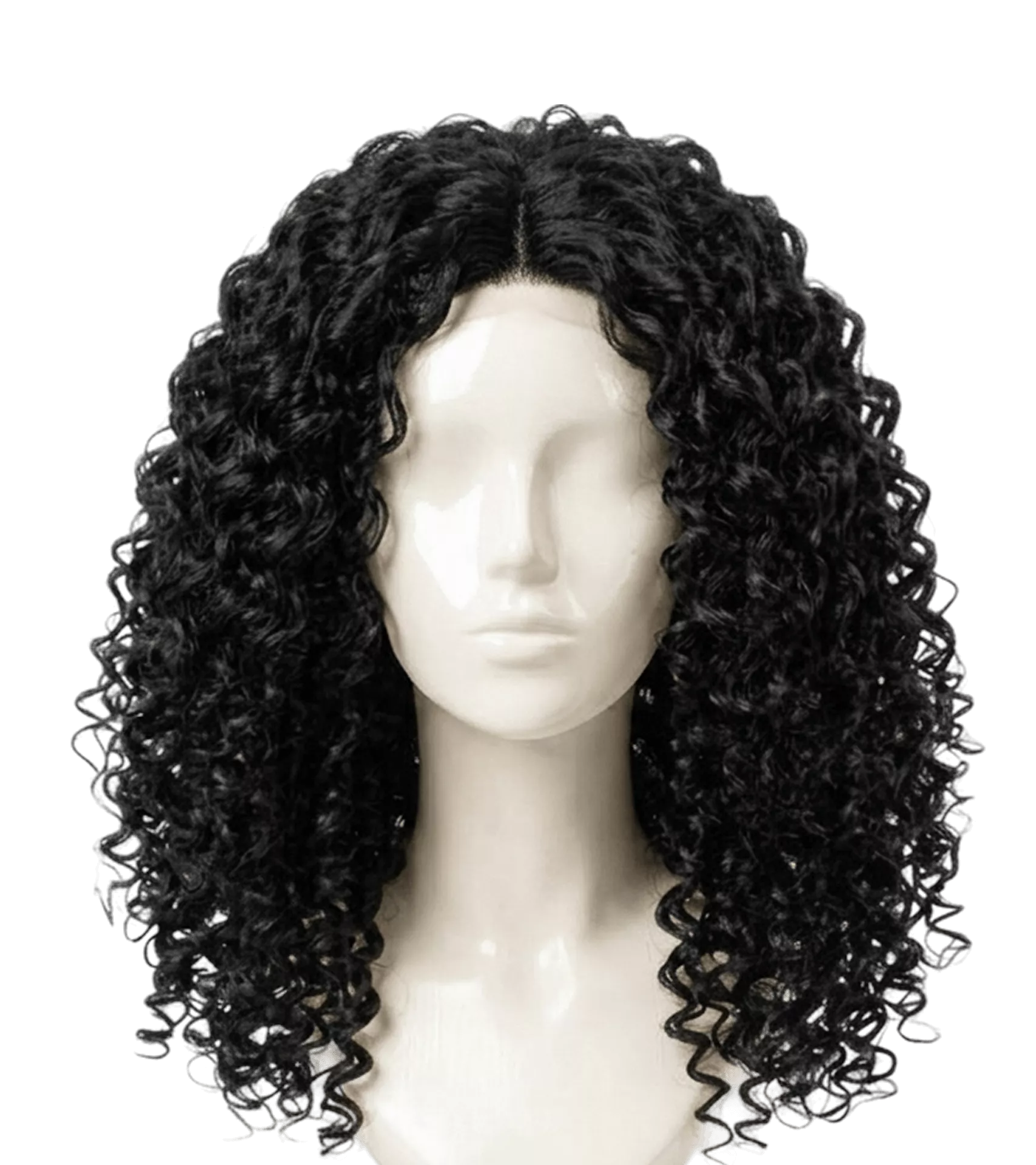 Full black curly textured wig on white mannequin head showing dense ringlet curl definition