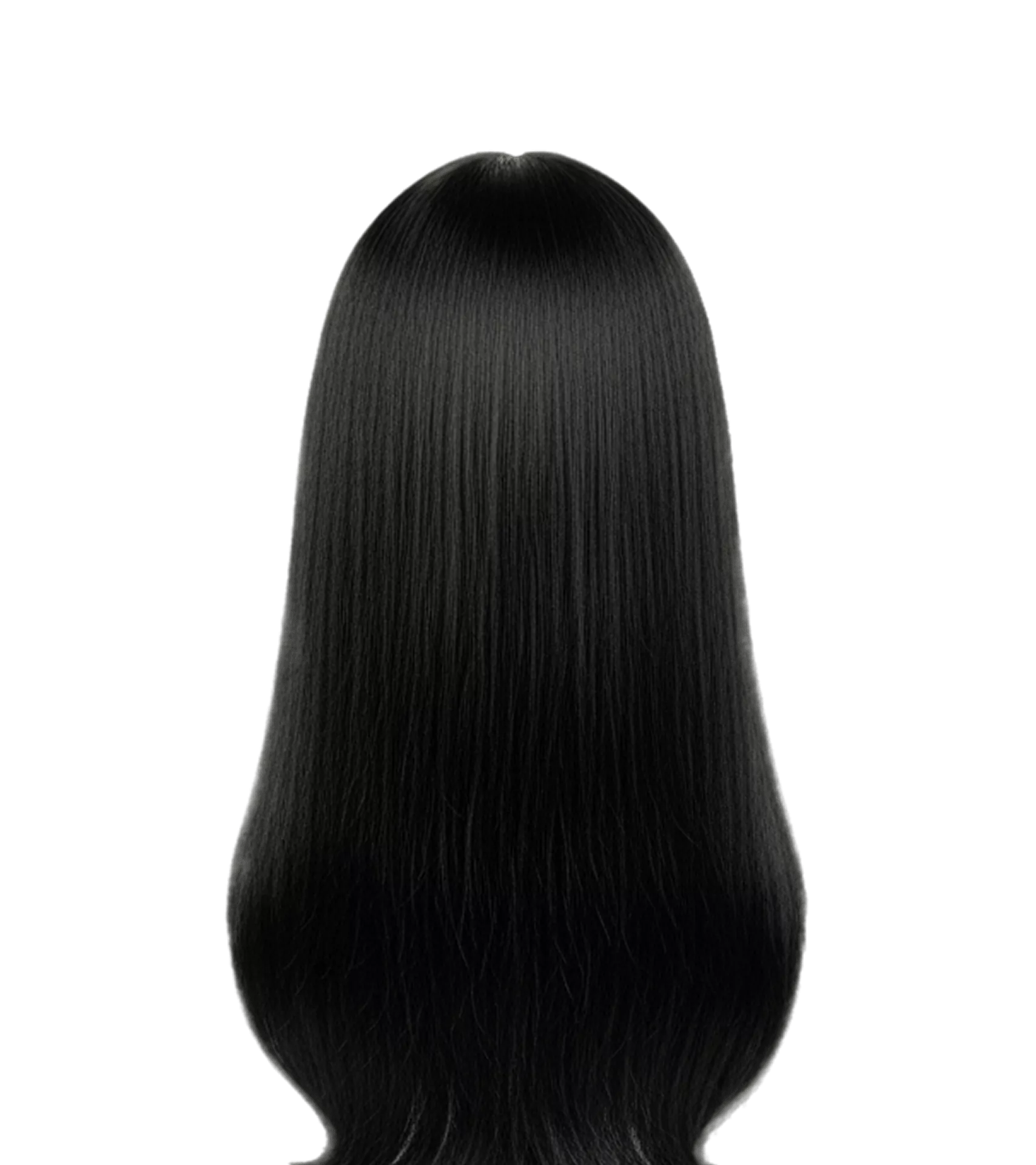 Back view of long black straight wig on mannequin showing full length and sleek hair styling