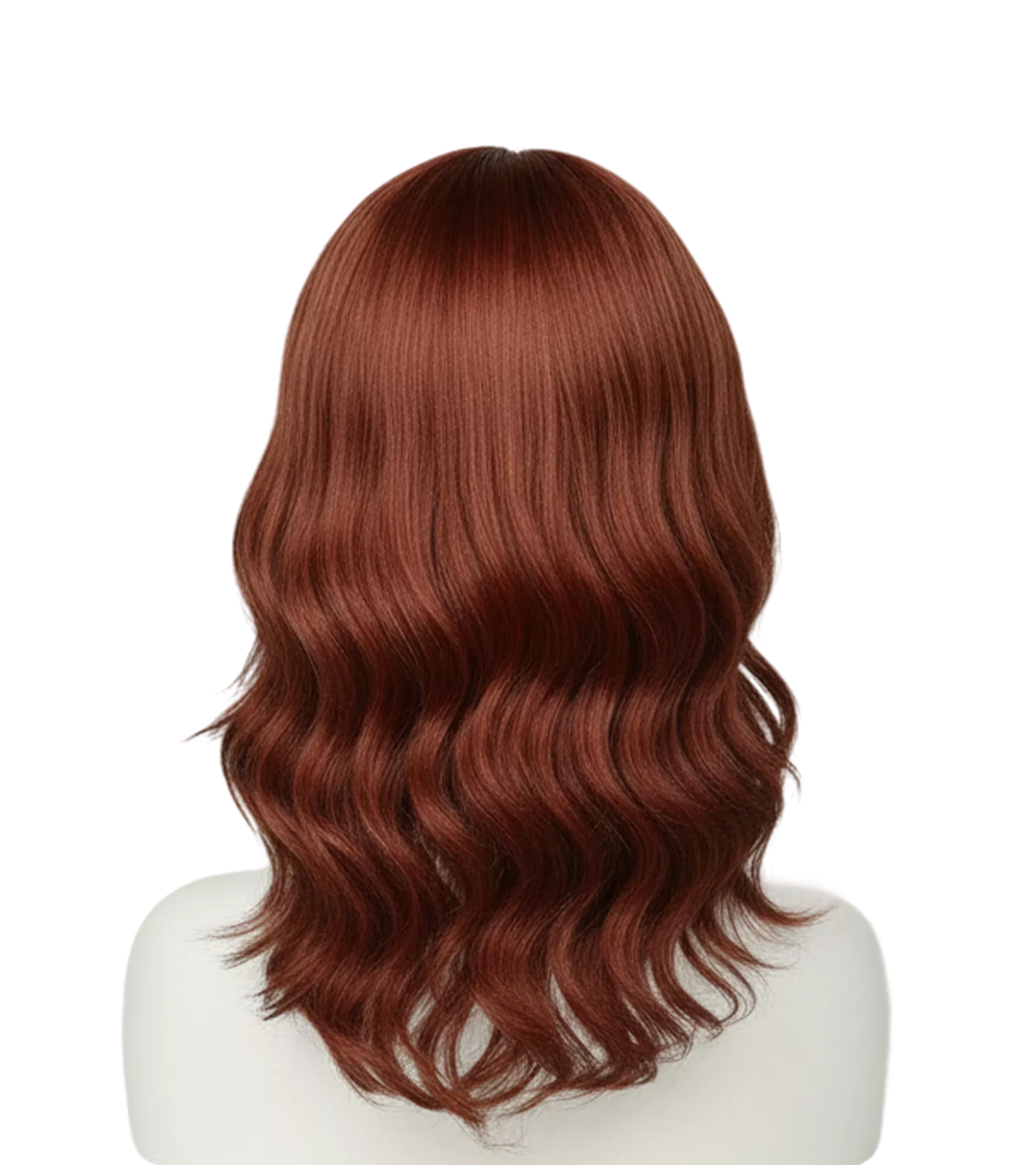 Woman with chestnut brown wavy hair in side profile wearing dark clothing against dark background