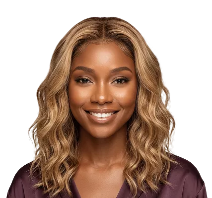A smiling woman with highlighted blonde wavy hair wearing a satin top against a soft purple studio background.