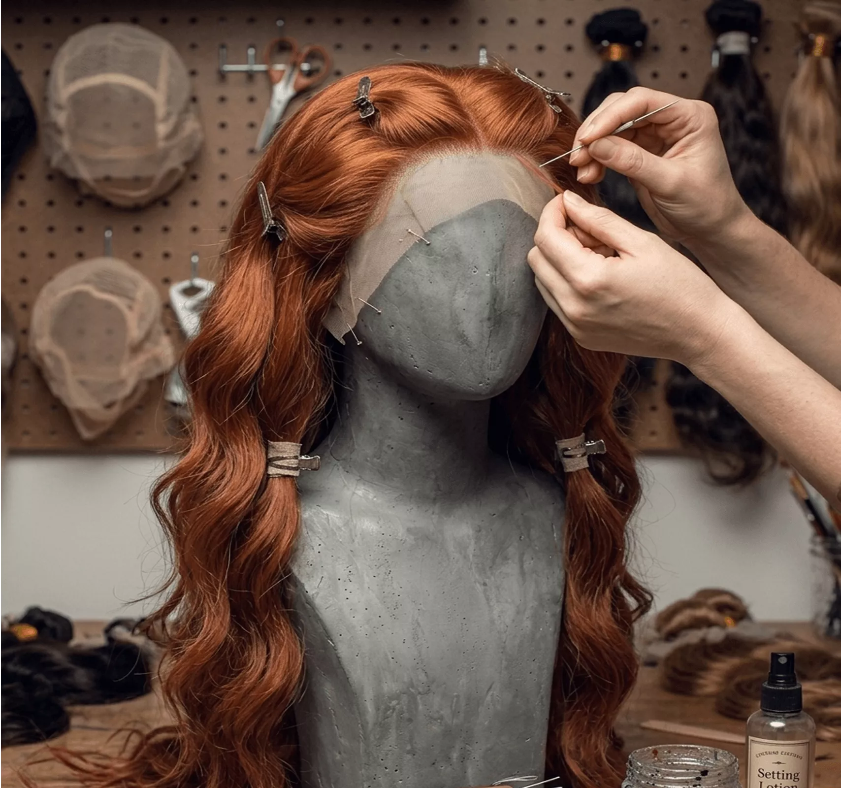 A person applying or adjusting a lace-front wig cap on a mannequin head with copper-red hair in what appears to be a professional salon/wig shop setting with supplies on pegboard display.