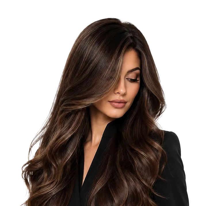 A woman with long glossy dark brown wavy hair wearing a black blazer looking down against a black background.